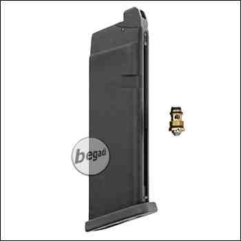 Magazin für WE G - Force 17 / 34 Serie, 25 BBs -Gas Version, kurz- mit Begadi Stainless Efficiency Ventil + Ersatz WE Auslassventil